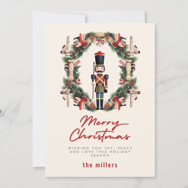 Red Nutcracker Wreath Christmas Holiday Card (Front)