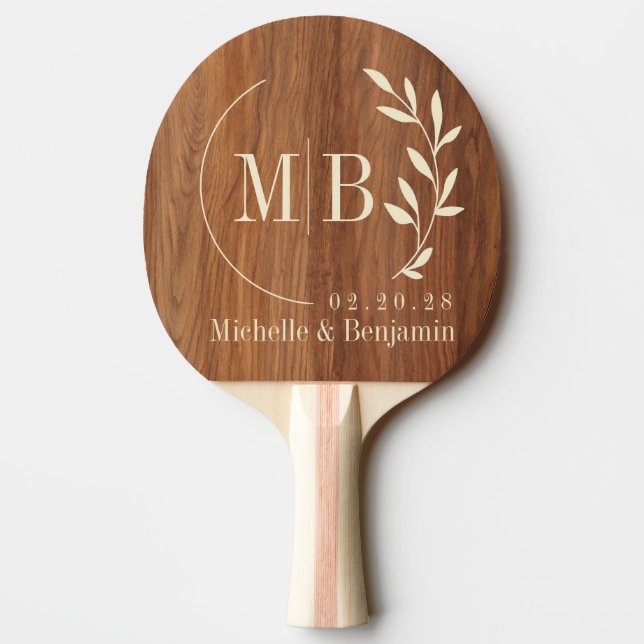 Red Oak Wood Leaf Wedding Monogram Ping Pong Paddle (Back)