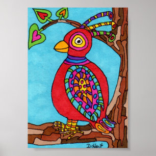 Red Oaxacan Bird Mini Mexican Folk Art Poster