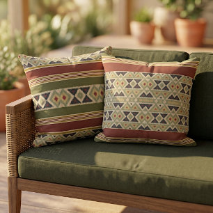 Red Ochre Mustard Yellow Olive Drab Green Ikat Art Cushion