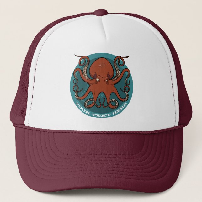 Red Octopus Add Your Name Sea Monster Cartoon Trucker Hat (Front)