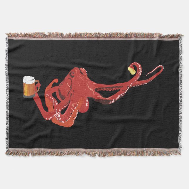 Red Octopus Beer Lover Throw Blanket (Front)