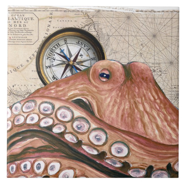 Red Octopus Compass Vintage Map beige Tile (Front)