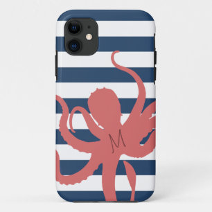 Red octopus modern beach white navy blue striped Case-Mate iPhone case