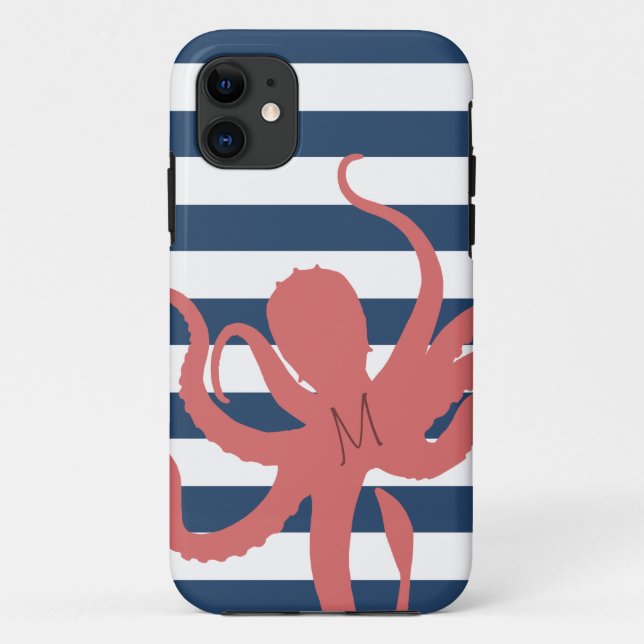 Red octopus modern beach white navy blue striped Case-Mate iPhone case (Back)