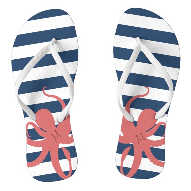Red Octopus Modern Beach White Navy Blue Striped Jandals (Footbed)