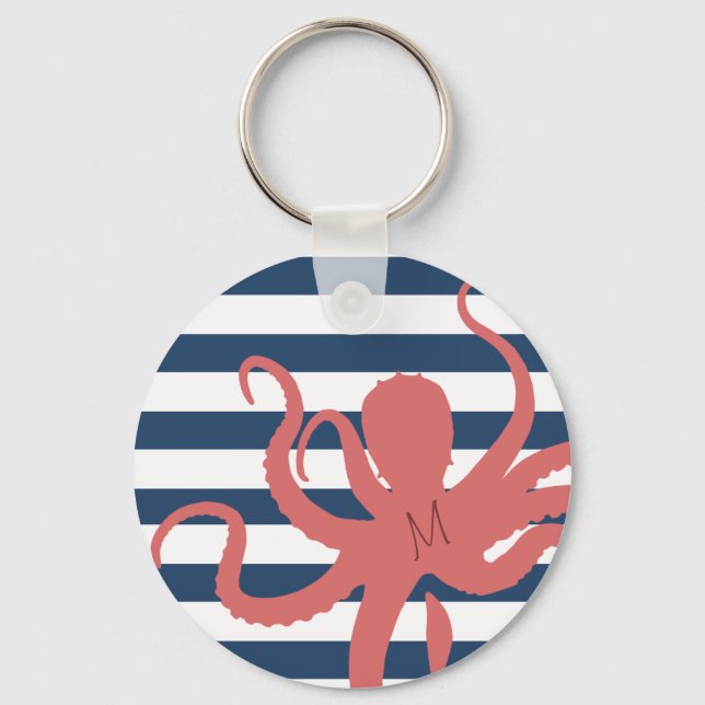 Red octopus modern beach white navy blue striped key ring (Front)