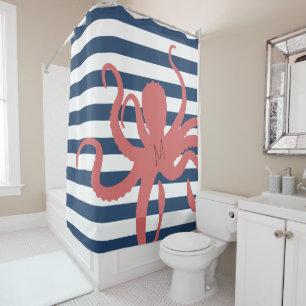 Red octopus modern beach white navy blue striped shower curtain