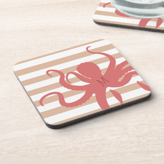 Red octopus modern beach white sand striped coaster (Left Side)