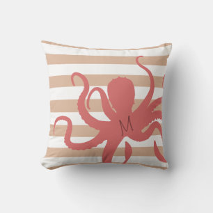 Red octopus modern beach white sand striped cushion