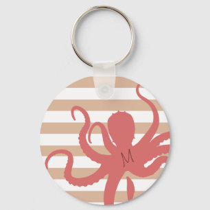 Red octopus modern beach white sand striped key ring