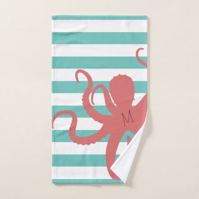Red octopus modern beach white teal striped bath towel set (Hand Towel)