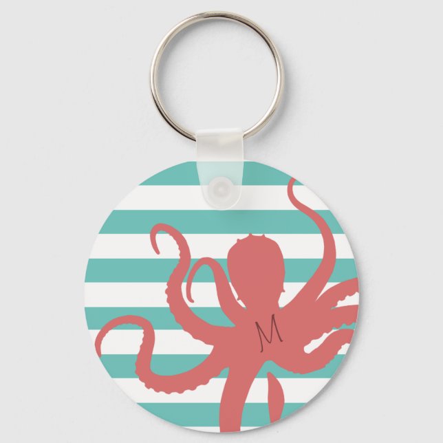 Red octopus modern beach white teal striped key ring (Front)