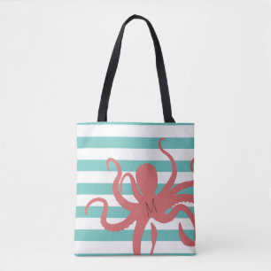 Red octopus modern beach white teal striped tote bag