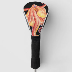 Red Octopus on Black Watercolor Art Golf Head Cover