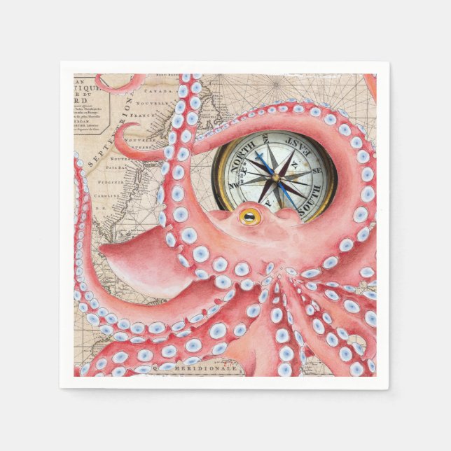 Red Octopus Vintage Map Compass Napkin (Front)