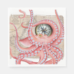 Red Octopus Vintage Map Compass Napkin