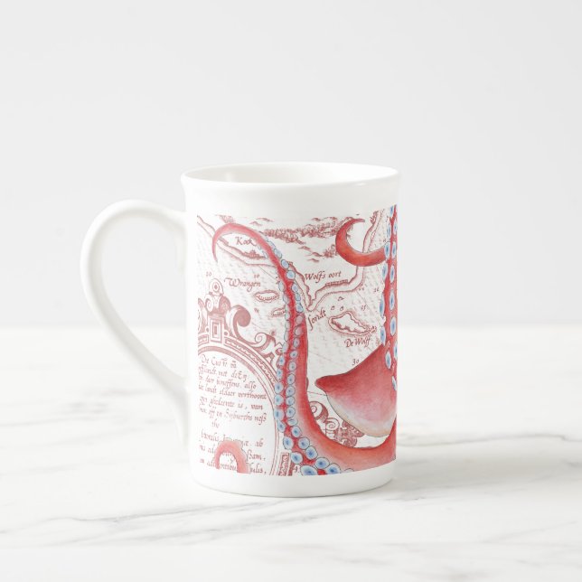 Red Octopus Vintage Map White Bone China Mug (Left)