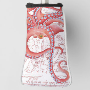 Red Octopus Vintage Map White Golf Head Cover