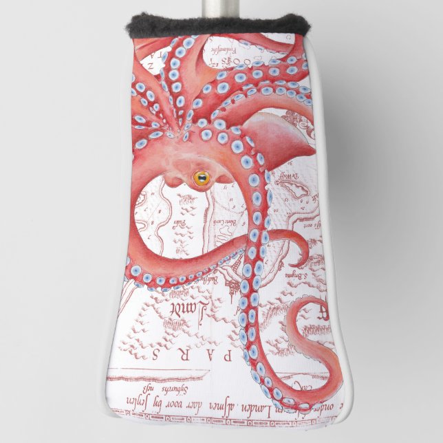 Red Octopus Vintage Map White Golf Head Cover (Rotate 90)