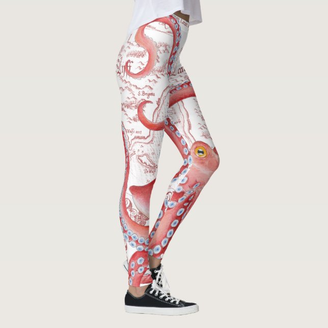 Red Octopus Vintage Map White Leggings (Right)