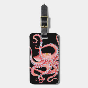 Red Octopus Watercolor On Black Luggage Tag