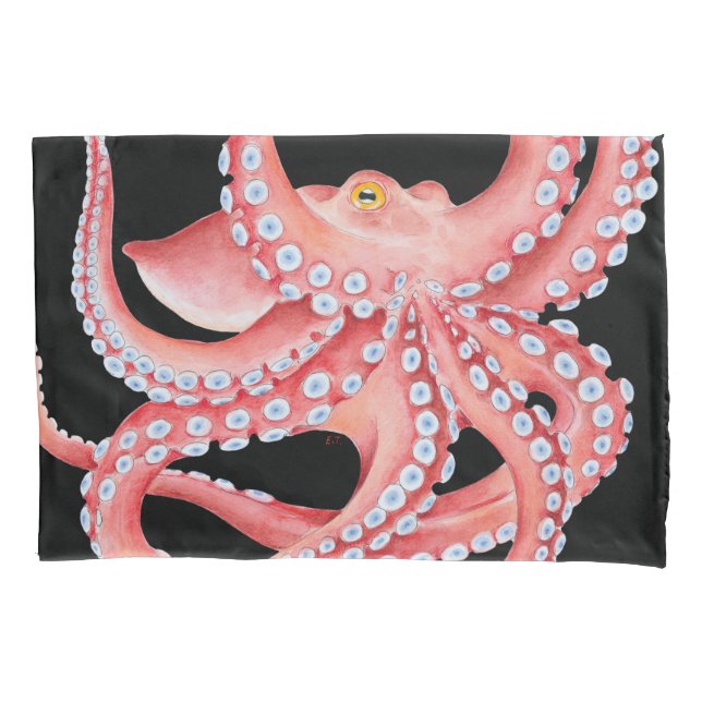 Red Octopus Watercolor On Black Pillowcase (Front)
