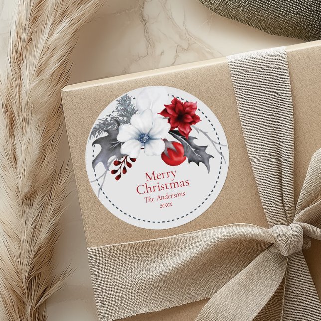 Red Off-White Foliage Christmas Gift Stickers (Red Off-White Foliage Christmas Gift Stickers on a beige gift box.)