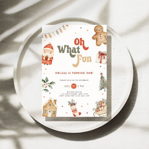 Red Oh What Fun Christmas 1st Birthday Invitation