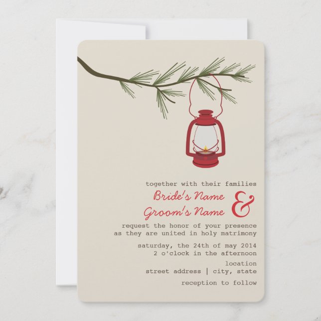 Red Oil Lantern Evergreen Tree Camping Wedding Invitation (Front)