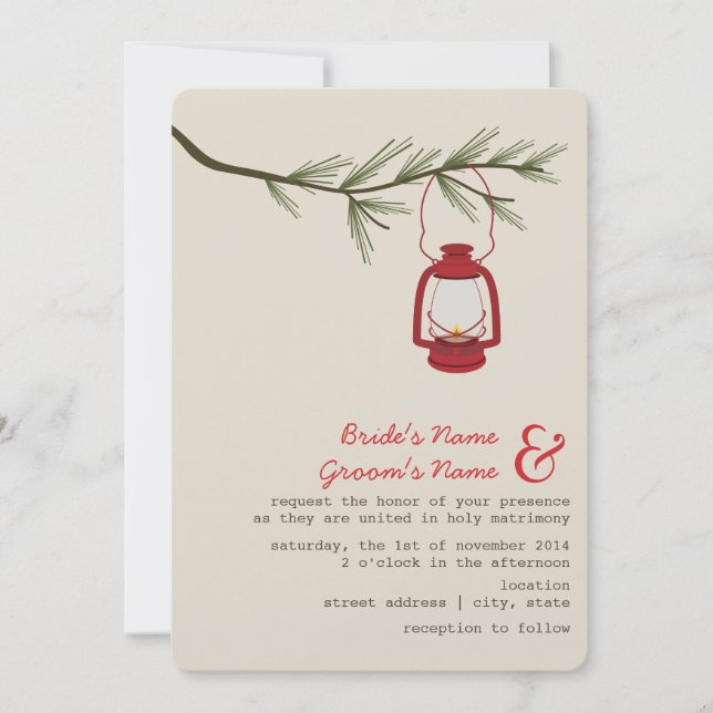 Red Oil Lantern Evergreen Tree Camping Wedding Invitation (Front)
