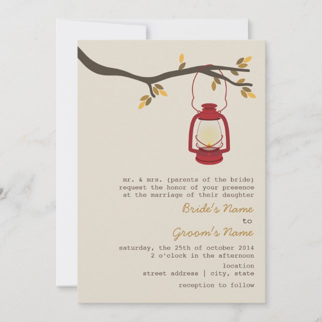 Red Oil Lantern Wilderness / Camping Fall Wedding Invitation (Front)