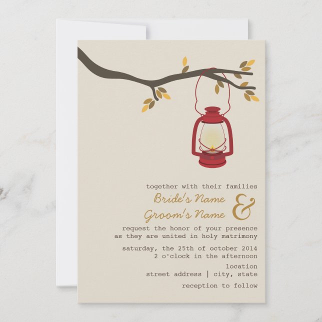Red Oil Lantern Wilderness / Camping Fall Wedding Invitation (Front)