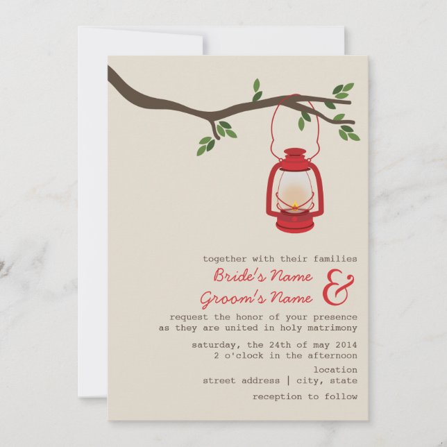 Red Oil Lantern Wilderness / Camping Wedding Invitation (Front)