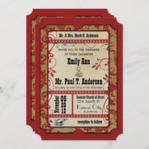 Red Old Hollywood Ticket for Two Wedding Invitation