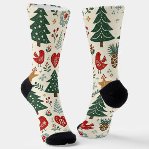 Red Olive Nordic Folk Bird Pattern Christmas Socks