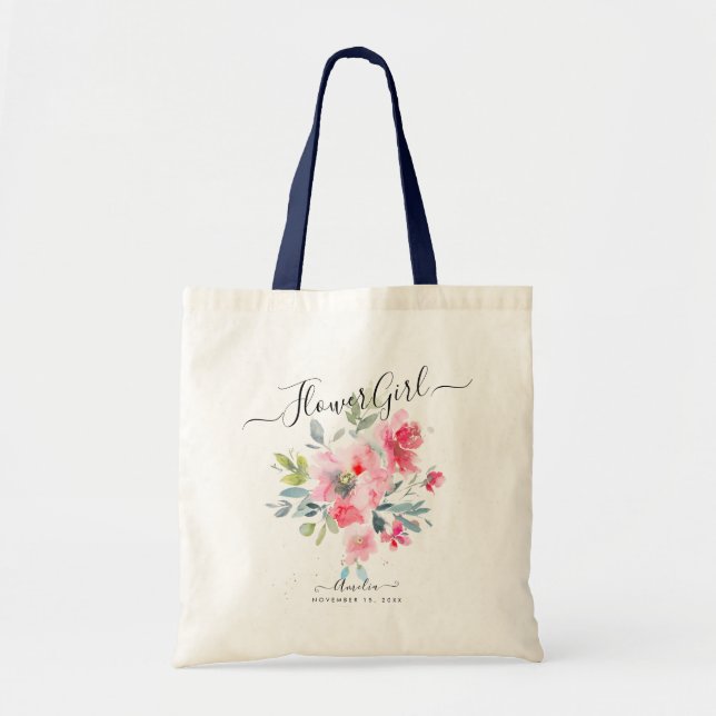 Red Ombre+Dusty Blue Watercolor|Flower Girl Tote Bag (Front)