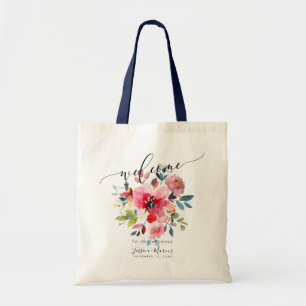 Red Ombre+Dusty Blue Watercolor Flowers Welcome Tote Bag