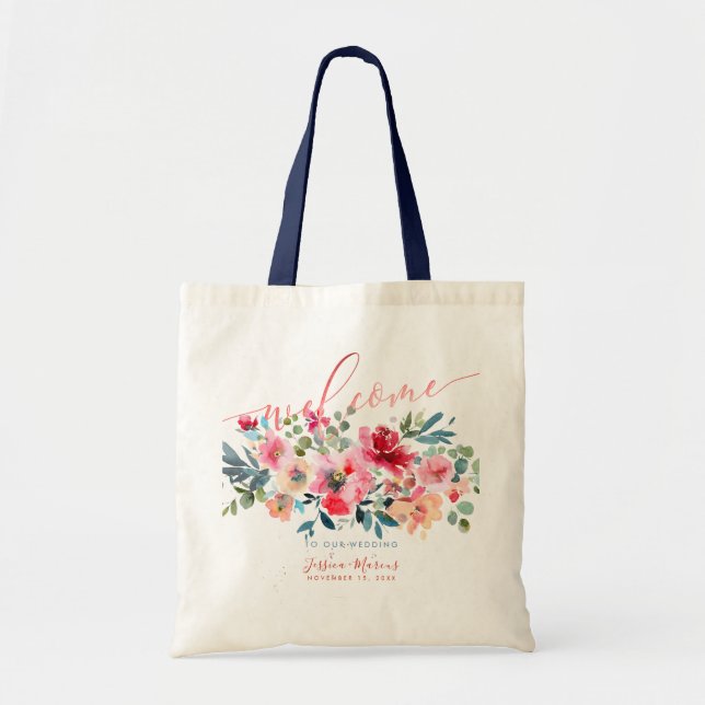 Red Ombre+Dusty Blue Watercolor Flowers Welcome Tote Bag (Front)