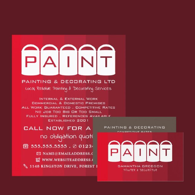 Red Ombre, Paint Buckets, Painter & Decorator Business Card (Creator Uploaded)