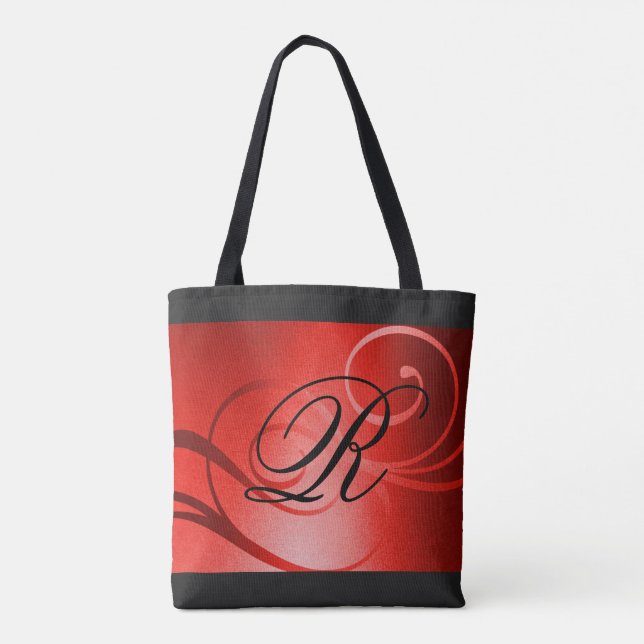 Red Ombre Swirl Design with Monogram Tote Bag (Back)