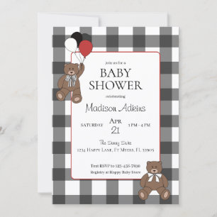 Red on Black Buffalo Check Teddy Bears Baby Shower Invitation