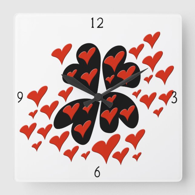 Red on Black Hearts Square Wall Clock (Front)