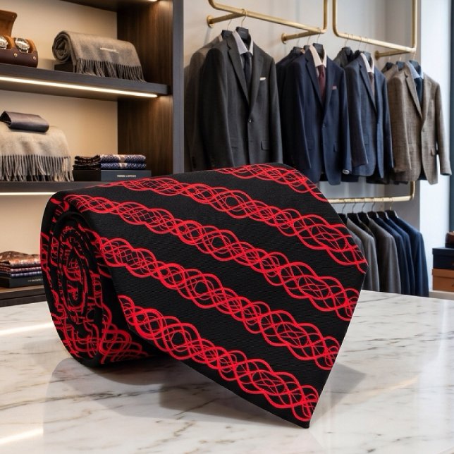 Red On Black Twisted Curvy Line Drawing Pattern Tie (Creator Uploaded)