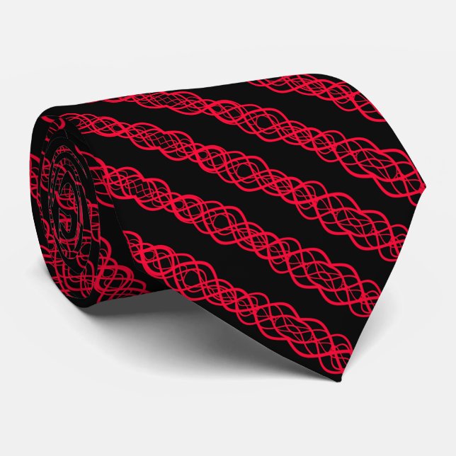 Red On Black Twisted Curvy Line Drawing Pattern Tie (Rolled)