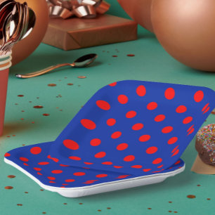 Red On Blue Polka Dots Pattern Design Paper Plate