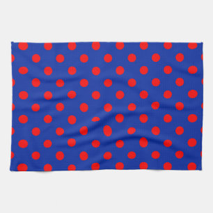 Red On Blue Polka Dots Pattern Design Tea Towel