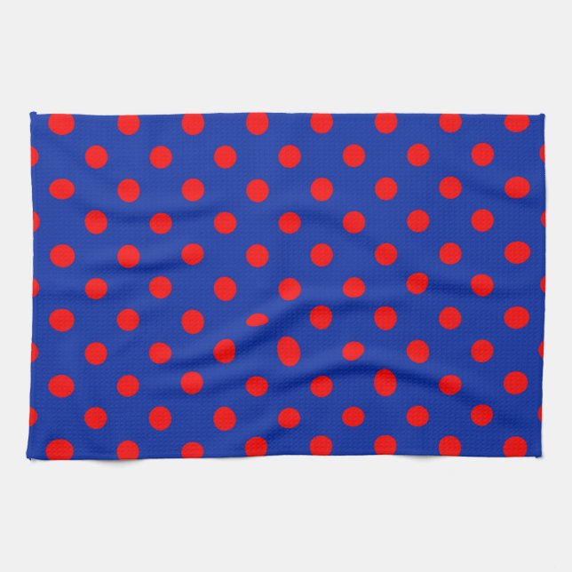 Red On Blue Polka Dots Pattern Design  Tea Towel (Horizontal)