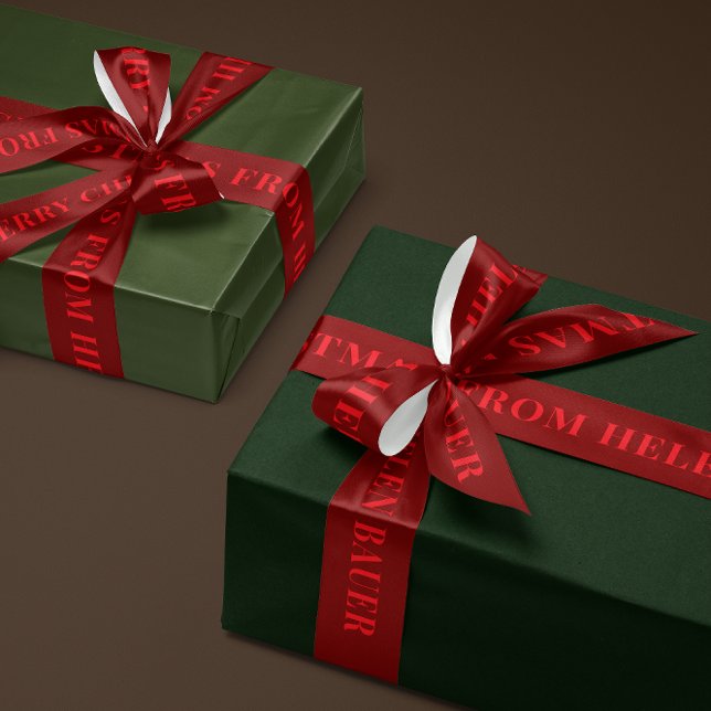 Red on Burgundy Simple Text Merry Christmas Gift Satin Ribbon (personalized burgundy red and bright red Merry Christmas gift ribbon with custom name text)