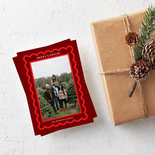 Red on Dark Red Simple Scallop Photo Frame Holiday Card